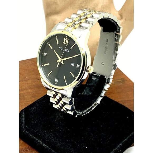 Bulova Men's Watch 98D163 Black Dial Diamond Accent Quartz Two Tone Steel - Picture 2 of 13
